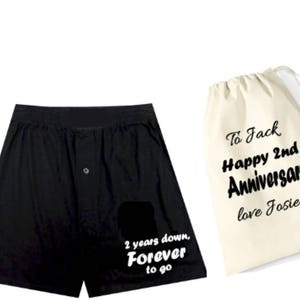 Personalised mens boxers and gift bag set-2 years down forever to go 2nd anniversary cotton groom wedding your names message