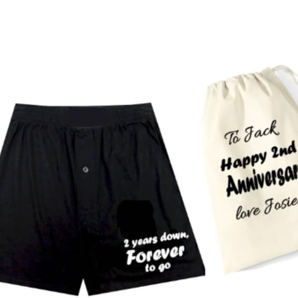 Boxers masculinos personalizados y bolsa de regalo set-2 años abajo para siempre para ir 2º aniversario algodón novio boda sus nombres mensaje