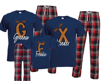 Personalised family matching xmas pjs pyjamas festive - your name reindeer Rudolph initial design - red check tartan plaid, short sleeves