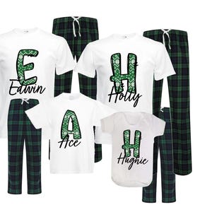 Personalised family matching xmas pjs pyjamas festive - your name fairisle nordic initial design - green check tartan plaid, short sleeves