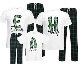 Personalised family matching xmas pjs pyjamas festive - your name fairisle nordic initial design - green check tartan plaid, short sleeves