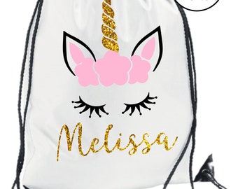 Glitter unicorn face with eyelashes Personalised kids gym bag school bag pe bag - - your name - sparkle design