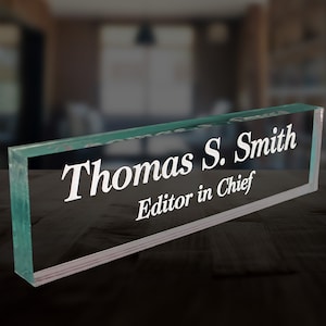 Lasercrafting Office Desk Name Plate Personalized Crystal Clear Glass-Like Acrylic Customized with Laser Engraved Frosted White Text