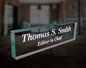 Lasercrafting Office Desk Name Plate Personalized Crystal Clear Glass-Like Acrylic Customized with Laser Engraved Frosted White Text