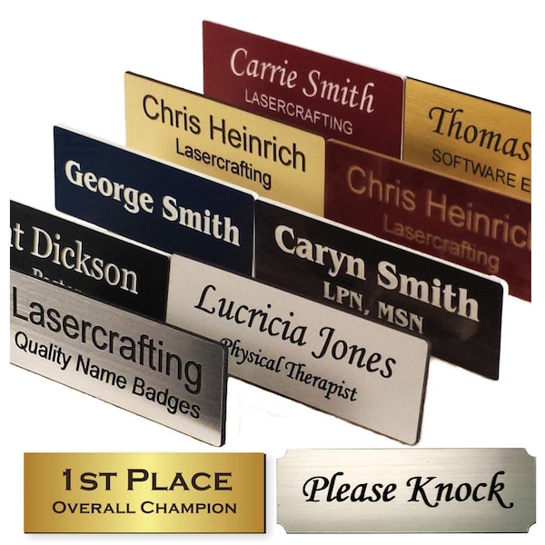 Personalized Name Badges, Name Tags, ID Tags. Laser Engraved UV Rated Signage Material