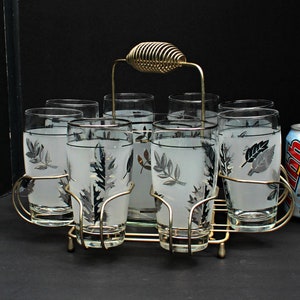 Ten 12 ozs Libbey Silver Leaf Glasses With Carrier Ice Bucket,Silver Leaf Libbey Ice Bucket,Silver Leaf 12 oz Glass,Silver Leaf Libbey Glass