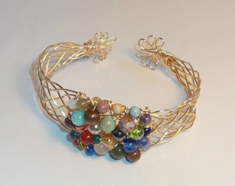 Braided Wire Bracelet, Bead Multi Color Wrap Bracelet, Gold Braided Wire Bracelet, Braided Bead Cuff Bracelets, Multi Colored Beads Bracelet