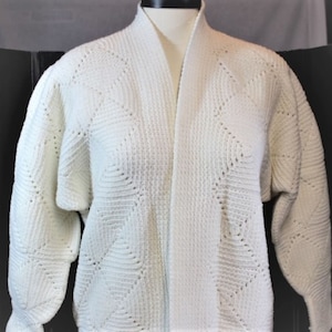 White Crochet Cardigan,White Crochet Block Cardigan,White Crochet Block Sweater,1980 Handmade Crochet Cardigan,Handmade Crochet Cardigan
