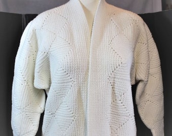 White Crochet Cardigan,White Crochet Block Cardigan,White Crochet Block Sweater,1980 Handmade Crochet Cardigan,Handmade Crochet Cardigan