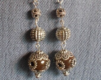 One of a Kind Earrings,Chocolate Brown Ornate Earrings,Chocolate Brown Silver Drop Earring, Ornate Chocolate Brown Silver Bead Earring