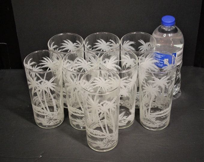 Set of 8 White Palm Tree Drinking Glasses,beachy Drinking Glasses,16 Oz