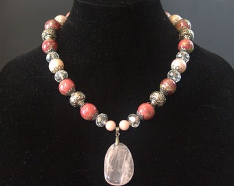 1 of a Kind Beaded Pink and Antique Silver Quartz Pendent,Pink Necklace,Pink Silver Necklace, Pink Silver Beads Necklace,Statement Necklace