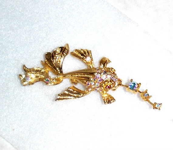 Graziano Brooch Pin, Gold Rhinestone Fish Brooch, 