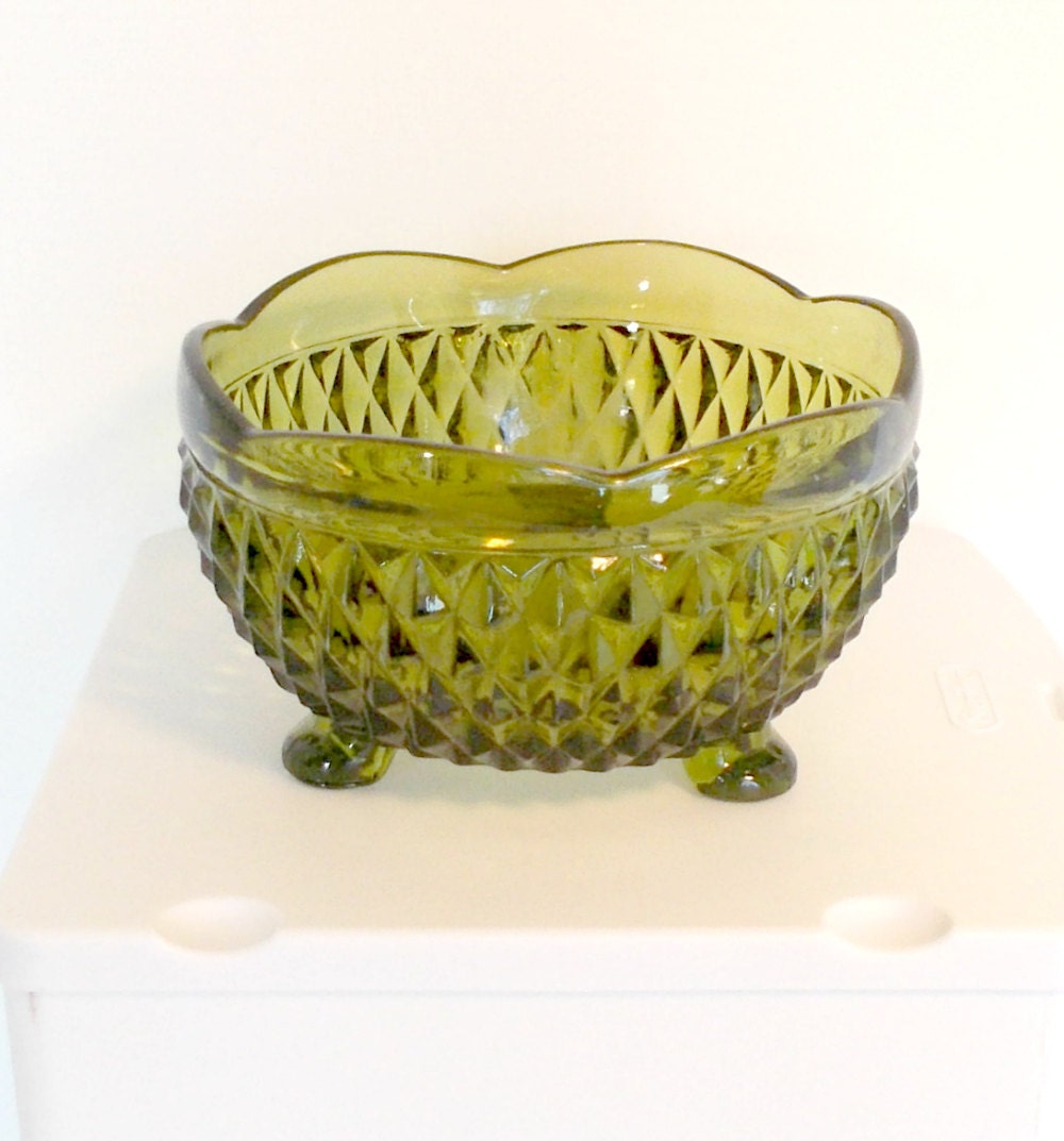 Green Indiana Diamond Point Green Footed Bowl Green Candy Etsy