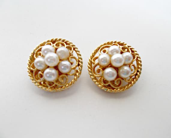 Round Gold Pearl Clip Earrings,Gold Pearl Clip Ea… - image 2