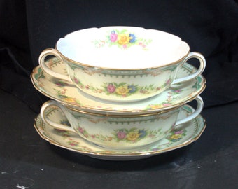 Pair of Soup Bowls with Saucers, Goldconda China,Noritake China,M Noritake China,Goldconda Soup Bowl and Saucers,Double Handle Soup Bowls