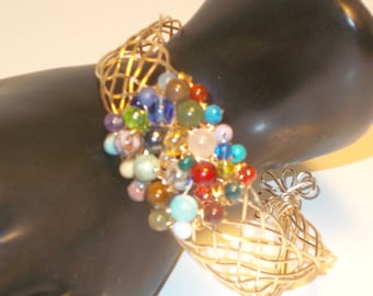 Braided Wire Bracelet, Bead Multi Color Wrap Bracelet, Gold Braided Wire Bracelet, Braided Bead Cuff Bracelets, Multi Colored Beads Bracelet