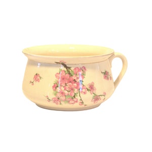 Può includere: Un vaso da notte in ceramica bianca con un motivo floreale con fiori rosa e foglie verdi. Il vaso ha un'unica maniglia su un lato.
