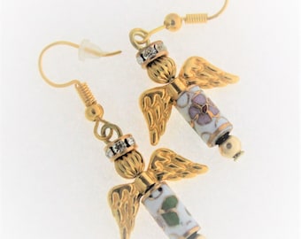 Little Girl Angel Earrings,Young Girls Angel Earrings,Cloisonne Angel Earrings,Gold Angel Earrings,Gold Christmas Angel Earrings,Gold Angel
