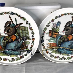 Pair of Melamine Bunny Plates,Vintage Child&#39;s Plates with Bunny Rabbits, Peter Rabbit, Bunny in Garden, SiLite Melamine Plates, Childs Plate