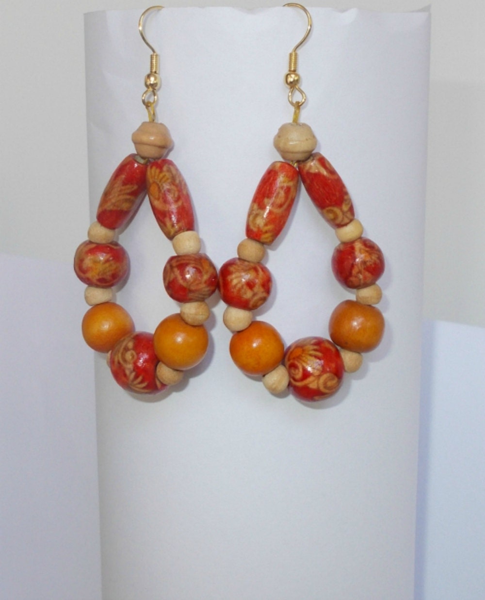 Wood Bead Hoop Earring Wood Bead Earring Brown Red Wood Bead Etsy
