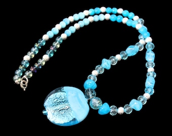 1 of a Kind Necklace,Statement Necklace,Blue Silver Beaded Necklace,Glass Blue Pendent,Beaded Necklace,Blue Beaded Necklace,Necklace