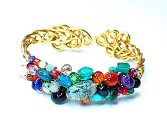 One of a Kind Multi Colored Stone Beads Wire Braided Cuff Bracelet,Multi Color Glass Gemstone Beads Wire Bracelet,Wire Braided Bracelet