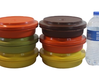 Set di 3 contenitori Tupperware con coperchio, Contenitori Tupperware degli anni '70 nei colori retrò di arancione, giallo e avocado con coperchio, 1206