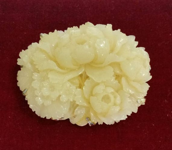 Faux Ivory Carved Floral Brooch,Celluloid Carved F