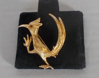 Gold Roadrunner Brooch,Red Eye Gold Roadrunner Brooch, Red Eye Rhinestone Gold Roadrunner Pin, Gold Roadrunner Brooch,Roadrunner Pin, Brooch