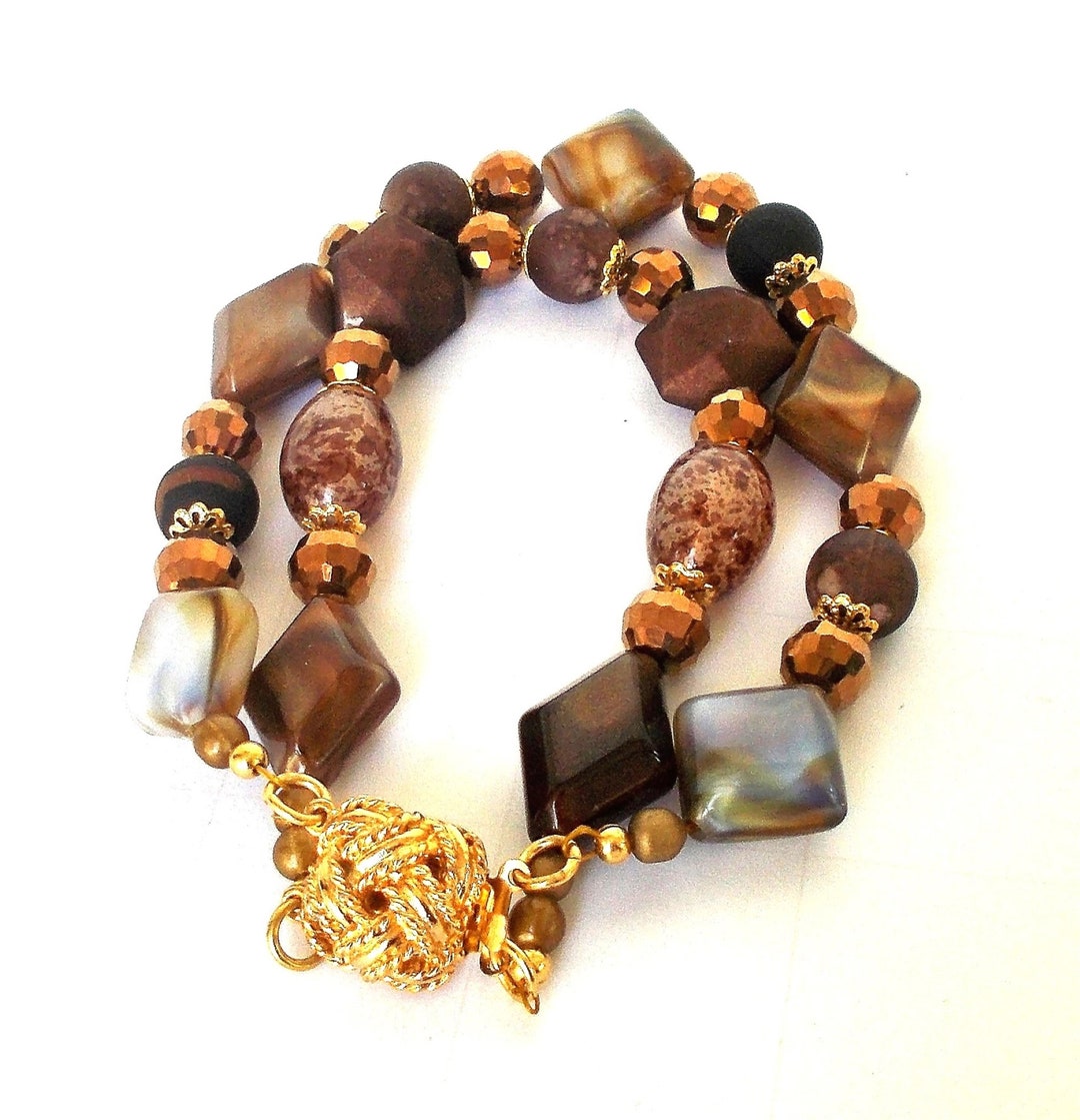 Double Strand Brown and Gold Bracelet, Double Strand Brown Beaded ...