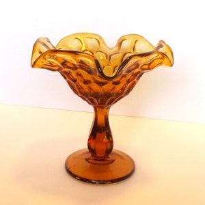 Amber Fenton Ruffle Bowl, Amber Ruffle Pedestal Bowl, Thumbprint Ruffle Candy Dish, Fenton Amber Thumbprint Compote, Amber Candy Bowl, Candy