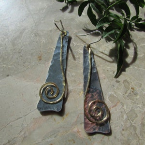 Hammered trapezoid and spiral earrings