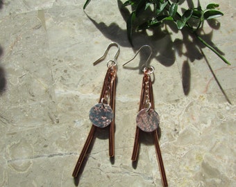 Copper twig and silver circle earrings