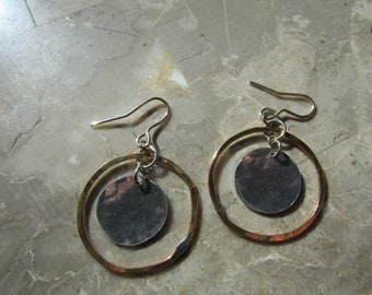 Brass hoop and silver circle earrings