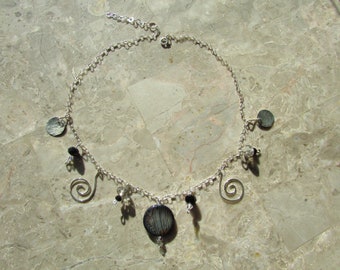Sterling spirals, circles and shell bead necklace