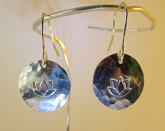 Small lotus dangle earrings in copper, brass, sterling silver or aluminum.