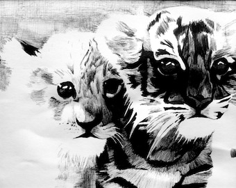 Dessin original de stylo Bic OOAK, bébé tigres