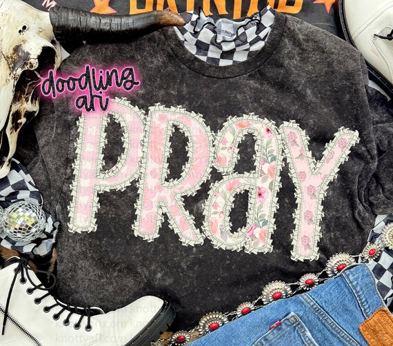 Pray PNG | Pink Floral Patchwork Sublimation Design | Faith Word Art Digital Download