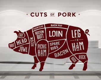 Butchers Cuts of Pork, Pig, Meat, Joints, Vinyl wall sticker decal art. Any colour and a choice of sizes. (#186)