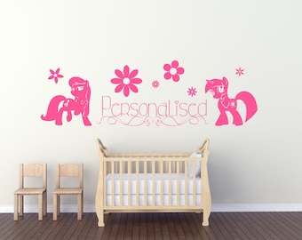 Personalised Name, My Little Pony Style with Flowers . Vinyl wall art decal sticker quote. Any colour and size. (#160)