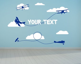 Personalised, Planes, Bi-Planes & Clouds Vinyl wall sticker decal art. Any colour and a choice of sizes.(#241)