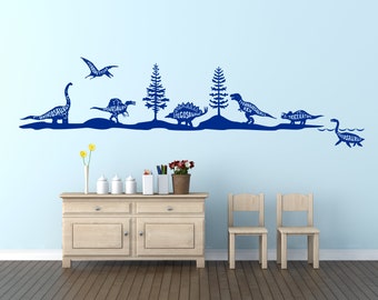 Named Dinosaurs Skyline, Landscape. Vinyl wall art decal sticker. Any color and size.(v335)