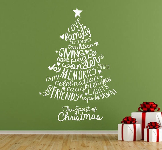 Christmas Tree - "The Spirit of Christmas" Word Tree, self adhesive vinyl decal sticker for walls, windows and mirrors.(#196)
