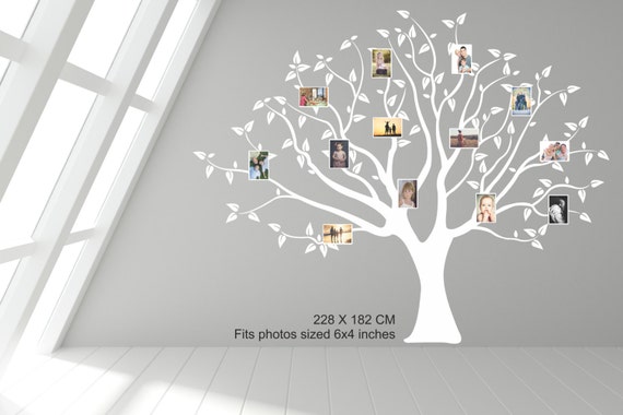 Family Tree with for 15 x 10 cm Photos/Frames (6" X 4"). Vinyl wall art decal sticker. Any color and size.(#136)