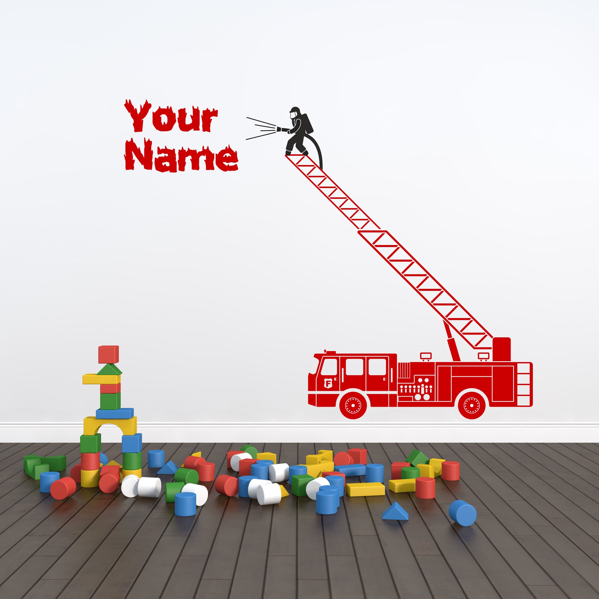 Personalised Fire Engine Truck Turntable Ladder Style Wall Decal Sticker Art 