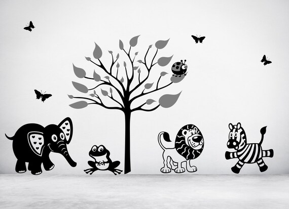 Jungle Animals & Tree Wall Decal Sticker. Any Combination of Colours and a choice of sizes.(#33)