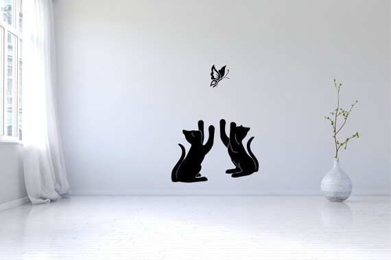 Kittens Playing with Butterfly Wall Art Sticker Decal - Any Colour or Size(#331)