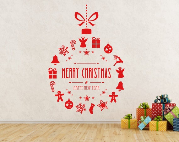 Merry Christmas  & Happy New Year Bauble decoration. Self adhesive vinyl decal sticker.(#195)