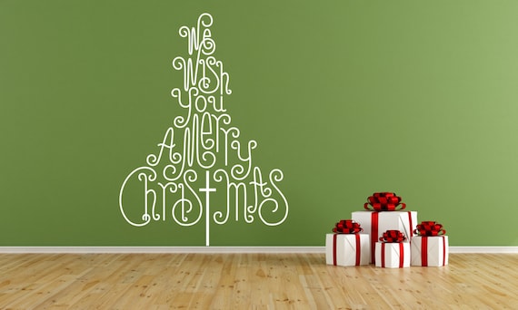 Christmas Tree - "We Wish You A Merry Christmas" self adhesive vinyl decal sticker for walls, windows and mirrors.(#65)
